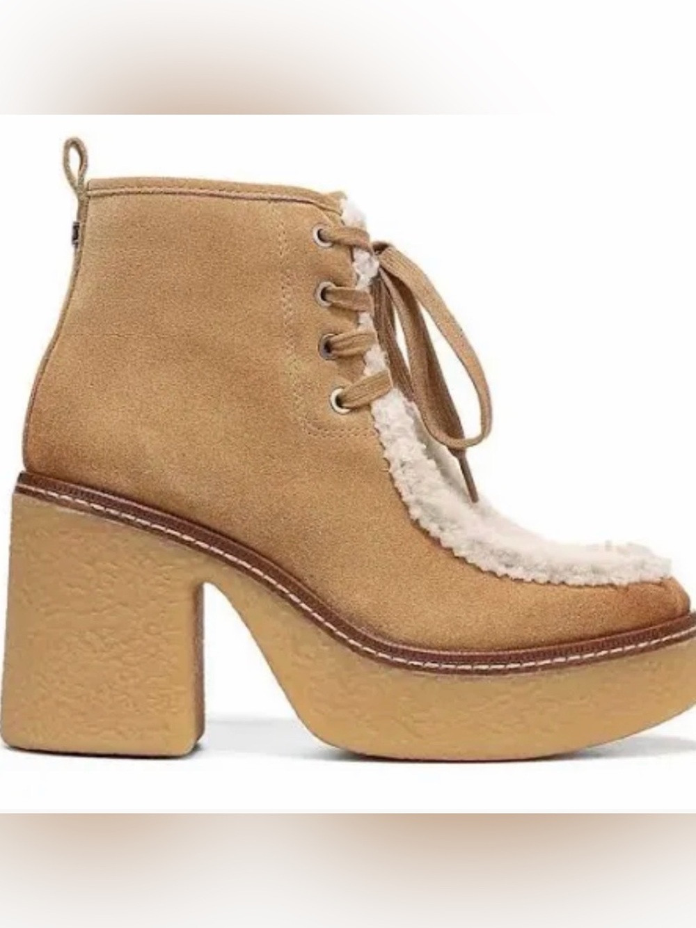 Sam Edelman Tan Suede Lace-Up Platform Boot with Shearling Trim